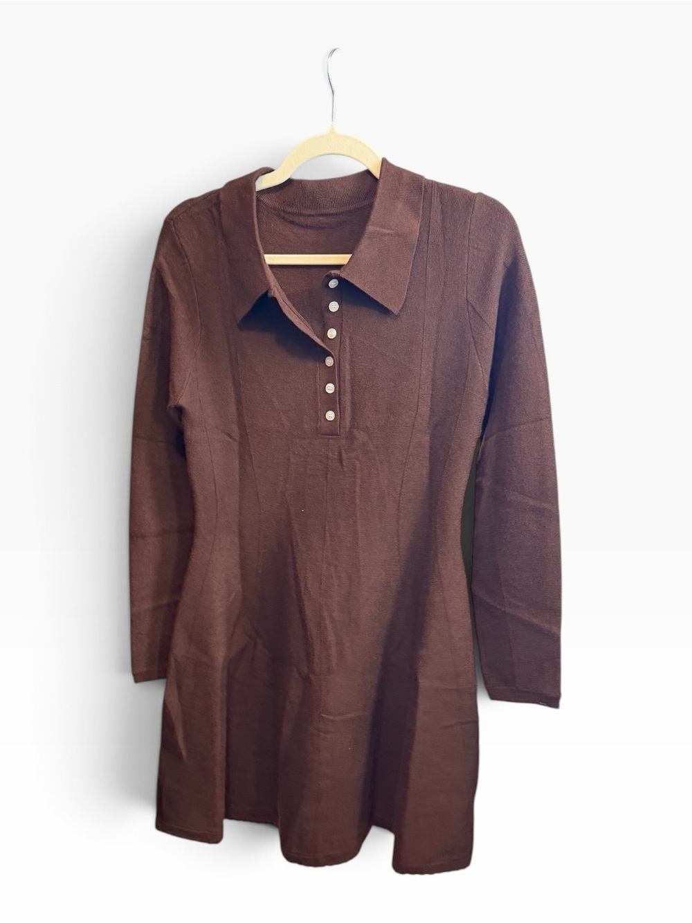 Long-Sleeve Brown Polo Tunic Dress with Button Placket